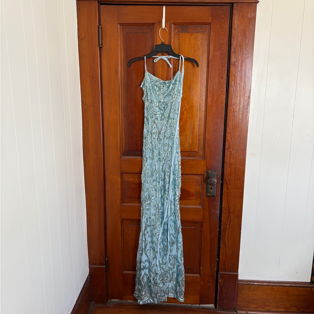 Beaded Light Blue Evening Dress with Spaghetti Straps